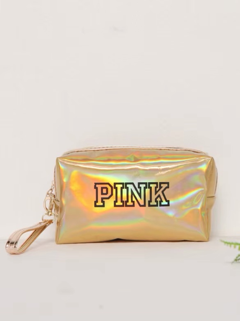 PINK Victoria's Secret Holographic Gold Cosmetic Wristlet